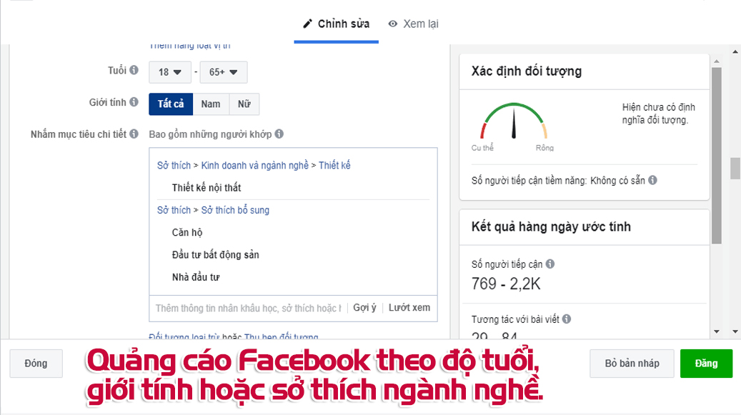 Quảng cáo Facebook theo độ tuổi, giới tính hoặc sở thích ngành nghề.