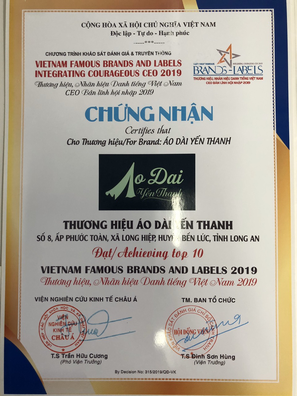 Thương hiệu Áo Dài Yến Thanh vừa qua đã đạt Top 10 Thương hiệu, Nhãn hiệu danh tiếng Việt Nam 2019